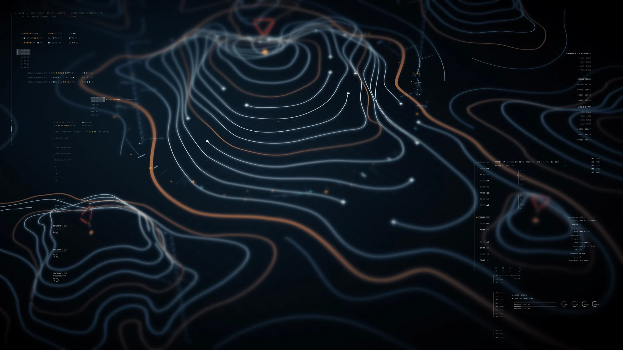 Topographic operational data visualization showing terrain, location and information patterns