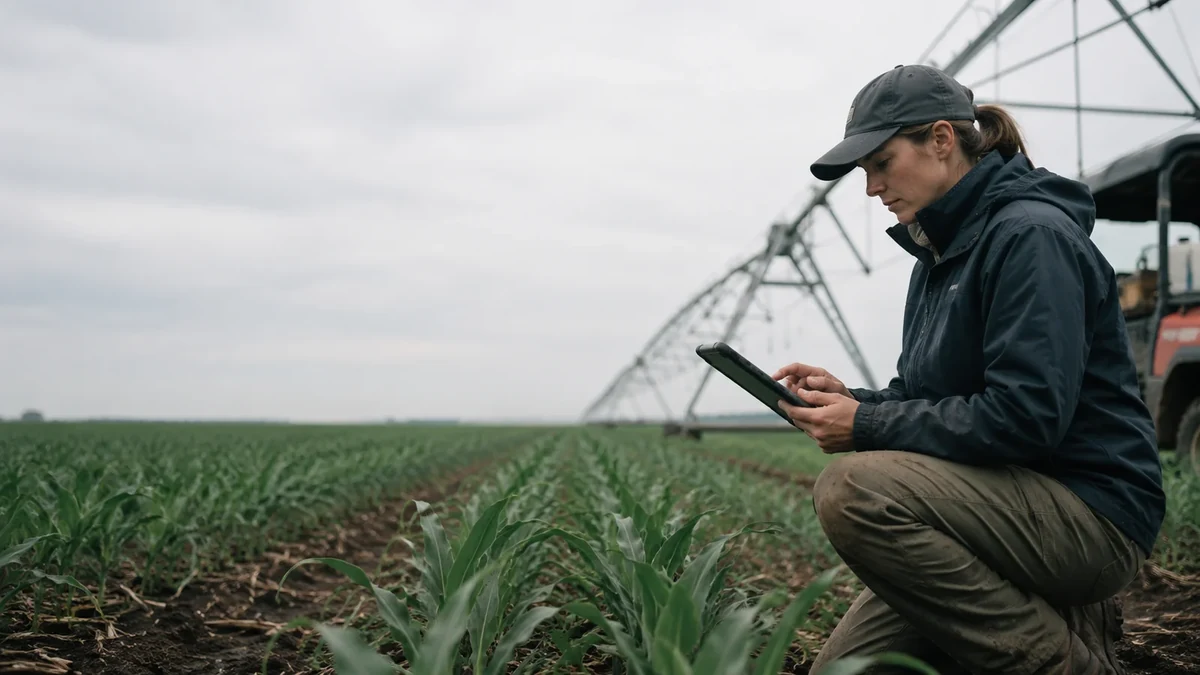 Field operator using a tablet beside agricultural equipment and irrigation infrastructure