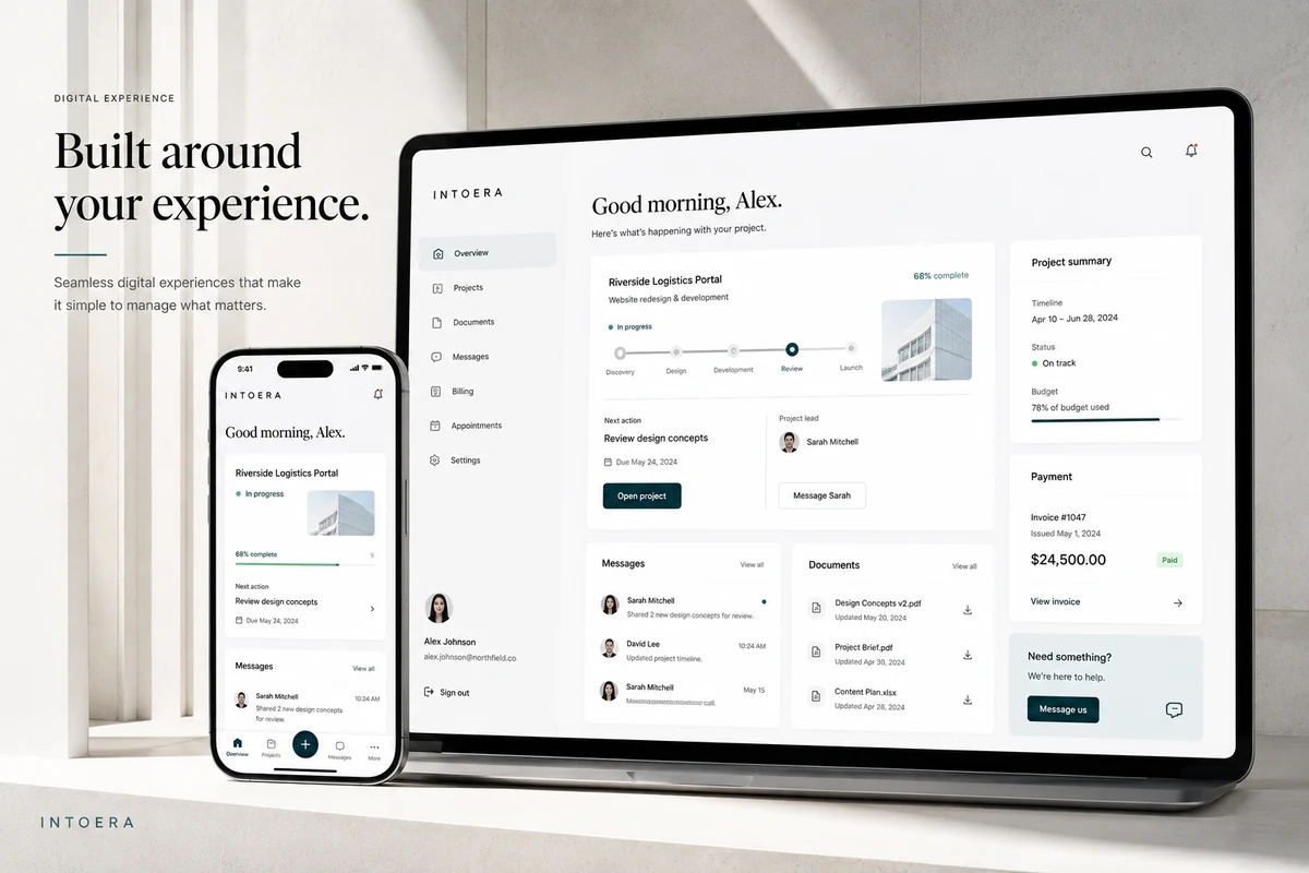 Customer portal presented across desktop and mobile interfaces