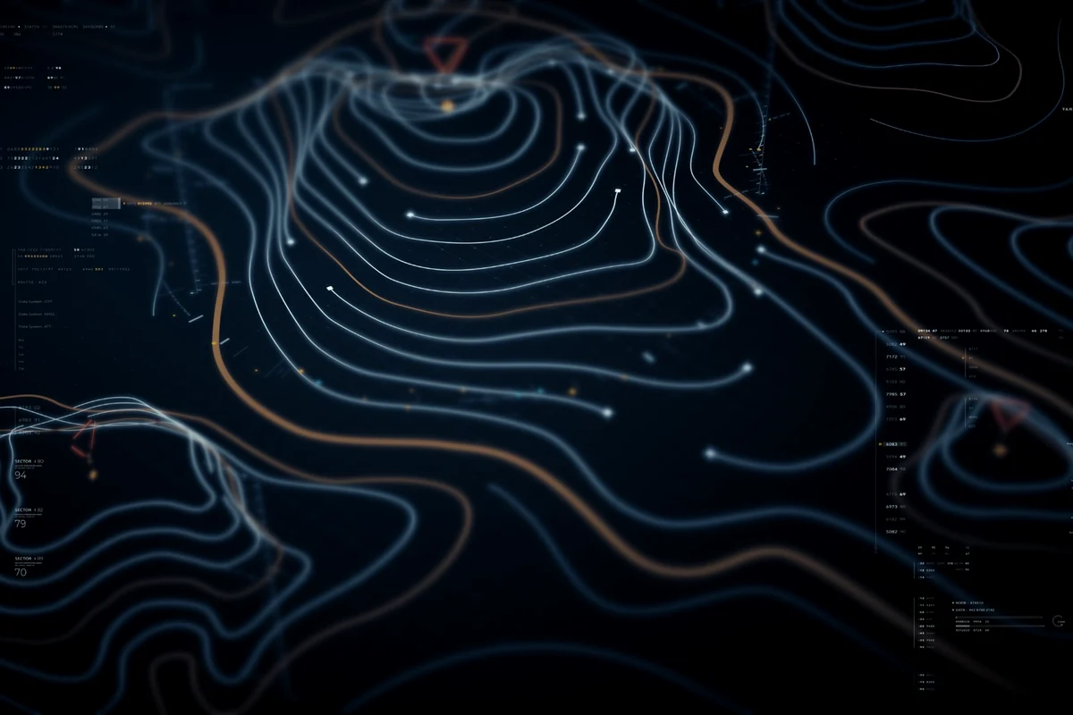 Layered systems terrain with illuminated contours and paths